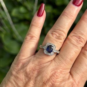 Sterling silver vintage look CZ, blue sapphire and CZ diamond ring size 9